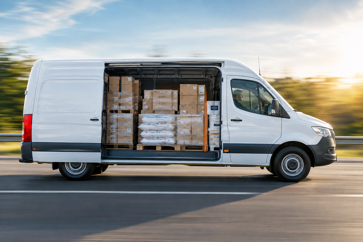 Cargo van transporting commercial freight, boxes and palletized goods for delivery