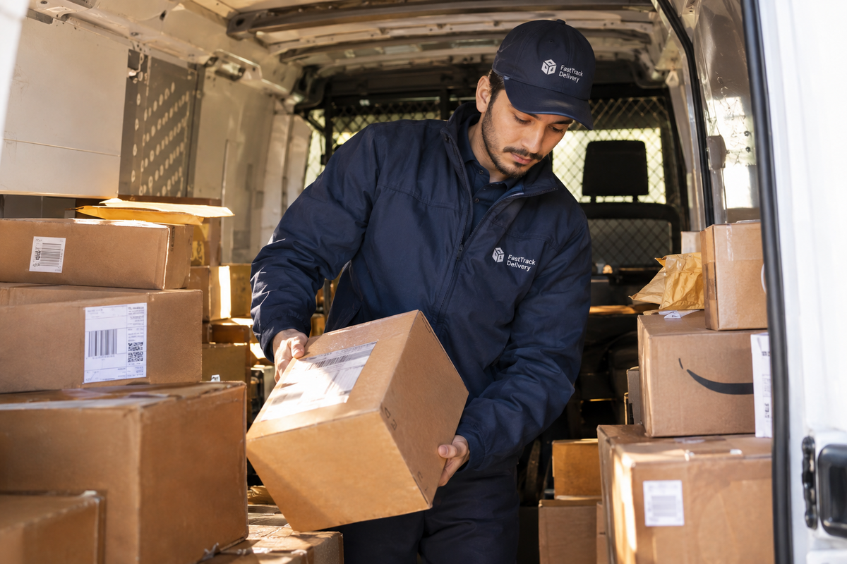 Delivery driver sorting packages in a cargo van for last-mile delivery