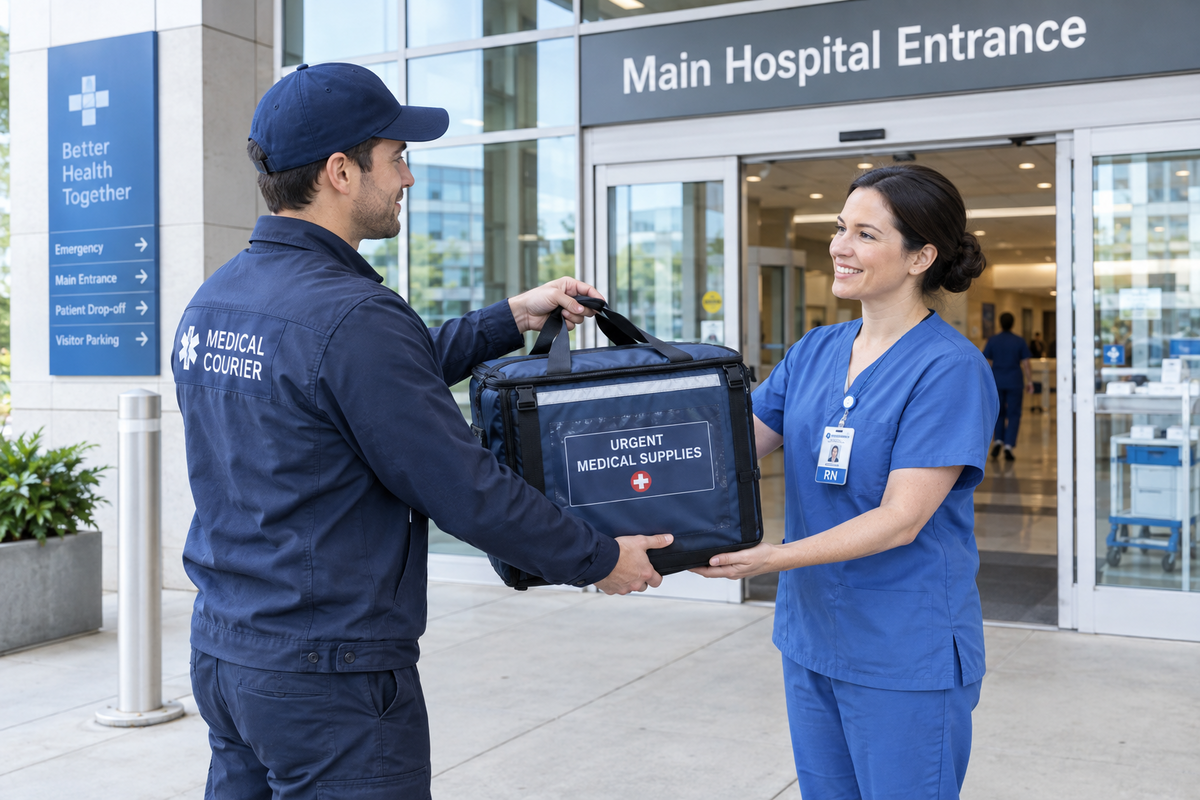 Medical courier delivering healthcare supplies to a hospital