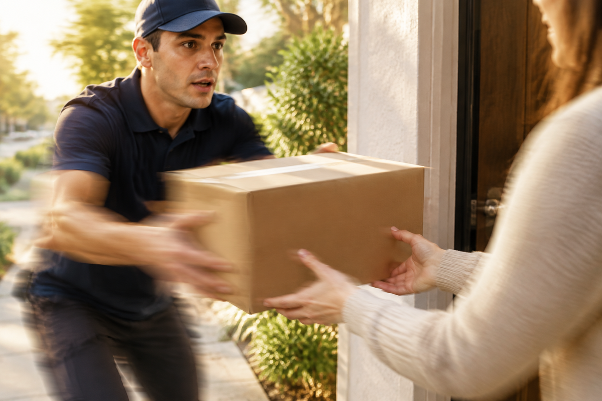 Courier handing a package to a customer for same-day expedited delivery