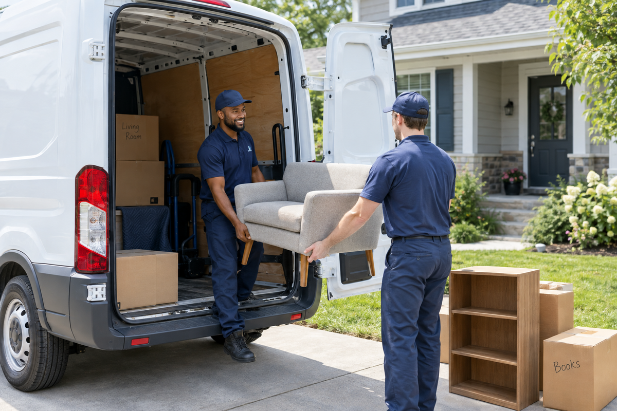 Movers unloading furniture and boxes from a cargo van for a small move